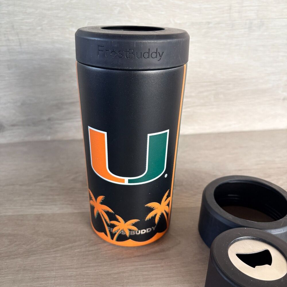 Frost Buddy Universal Stainless Steel Can Cooler Miami Hurricanes w/Bottle Opene